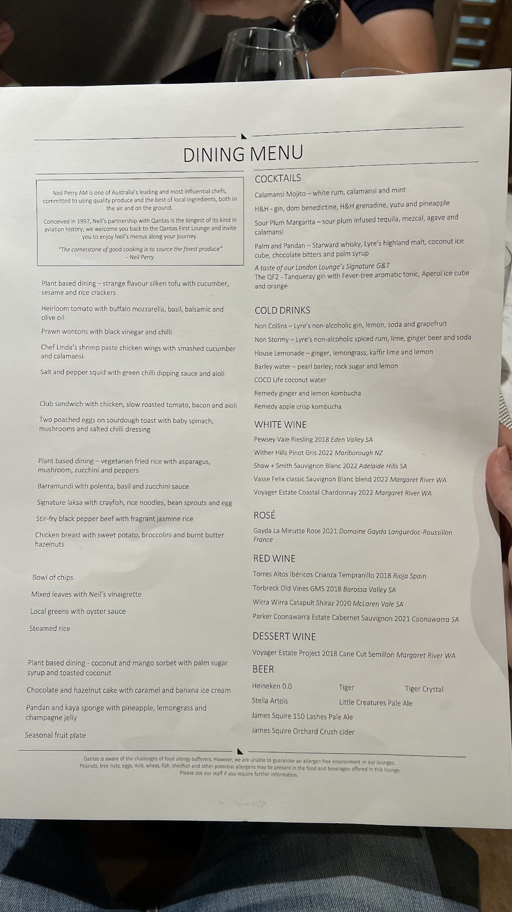 Qantas First Lounge menu