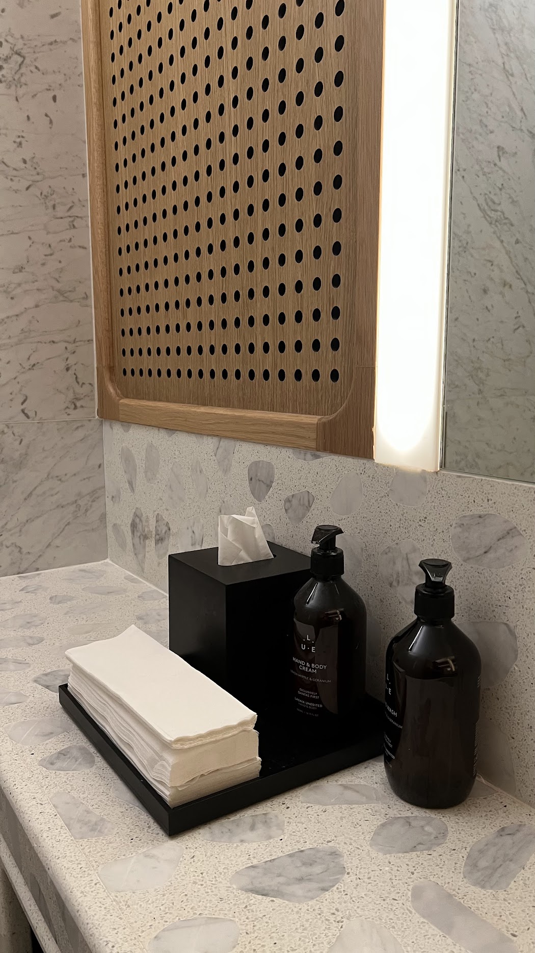 Shower amenities within the Qantas First Lounge