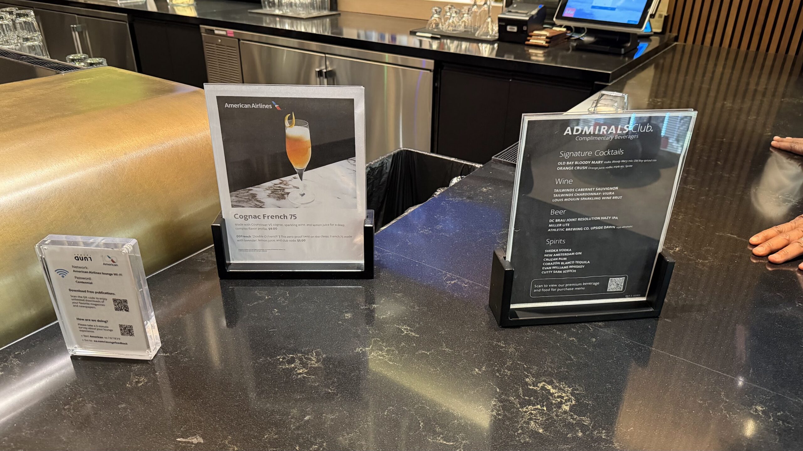 Admirals Club DCA bar menu