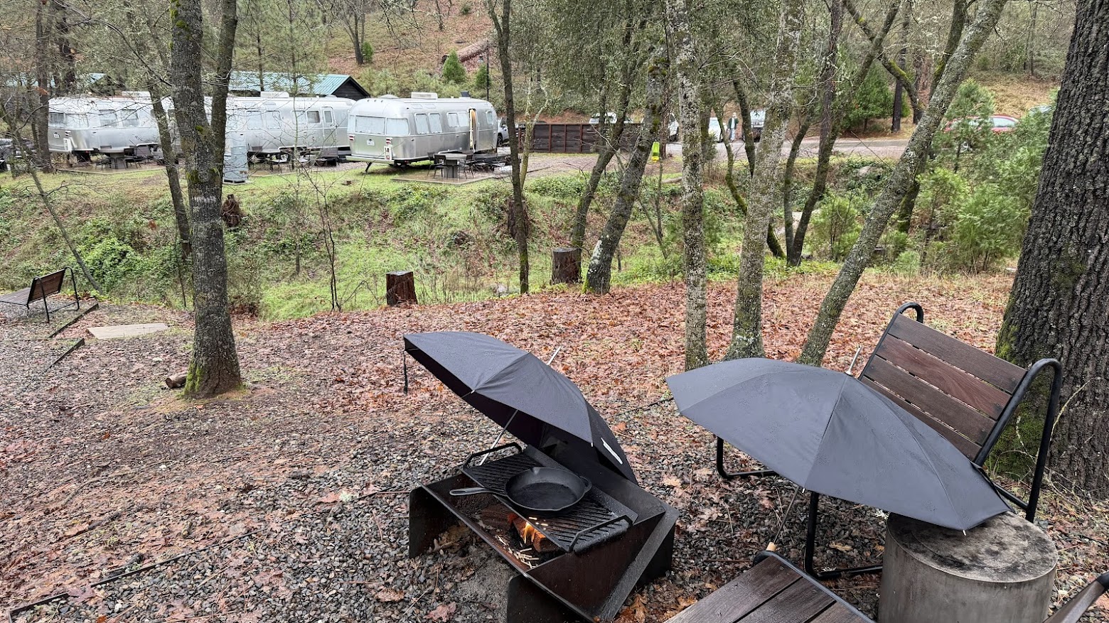 Making s'mores on a cold and rainy December