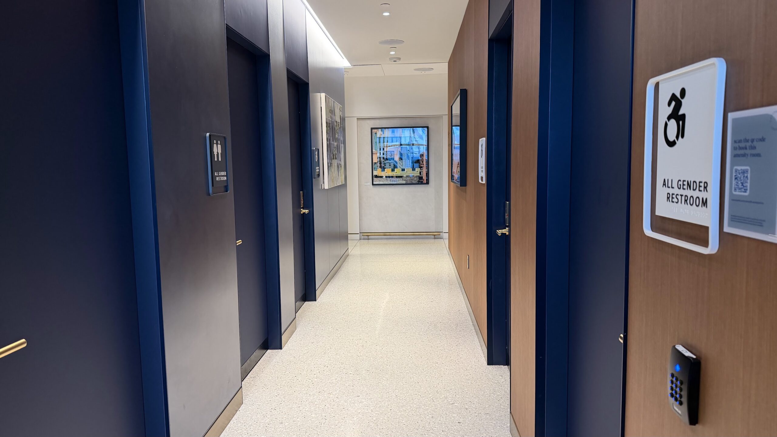 Washrooms and shower area of the Capital One Lounge JFK