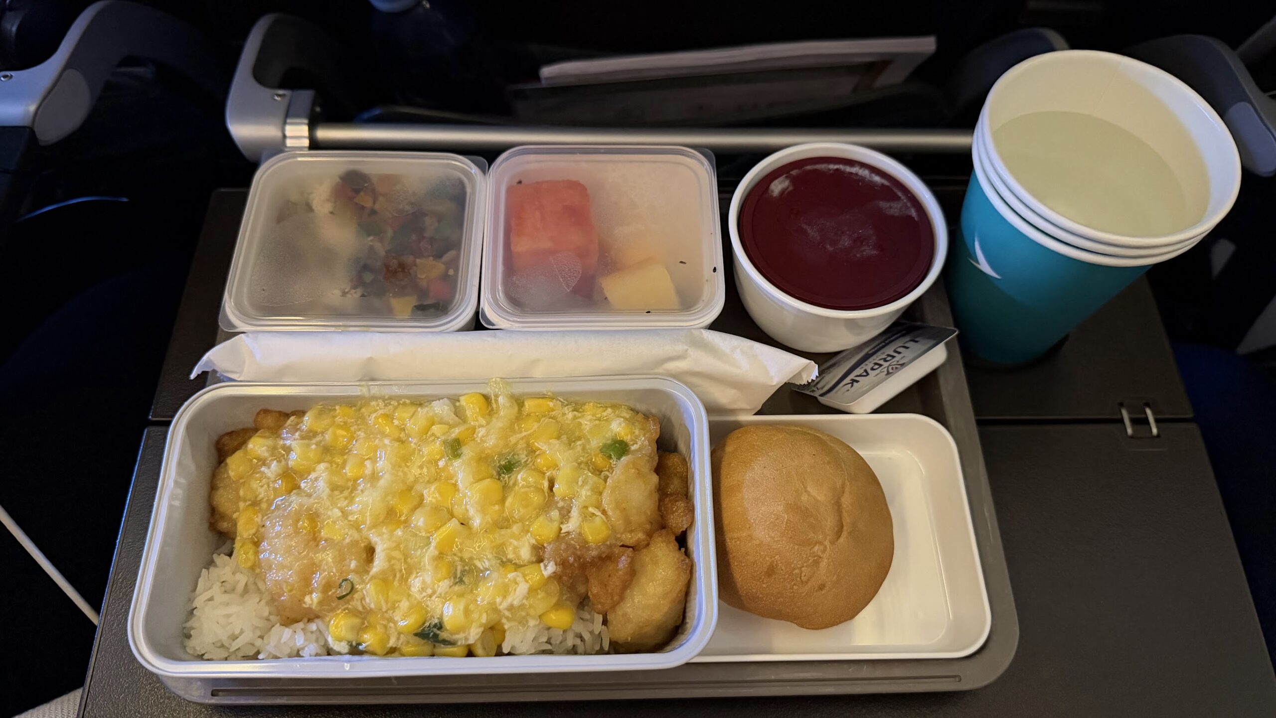 First meal of CX830 which was fried fish in sweet corn sauce on jasmine rice