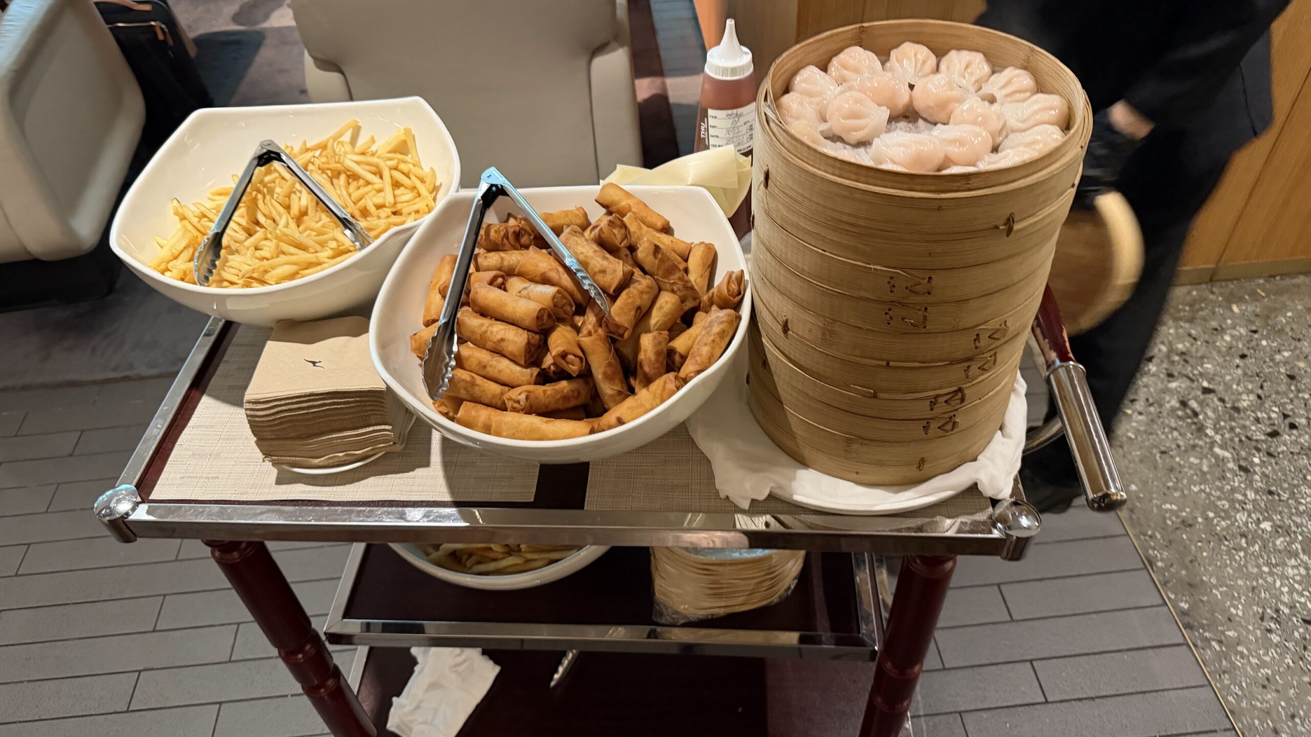 Dim sum trolley at the Qantas Business Lounge Singapore