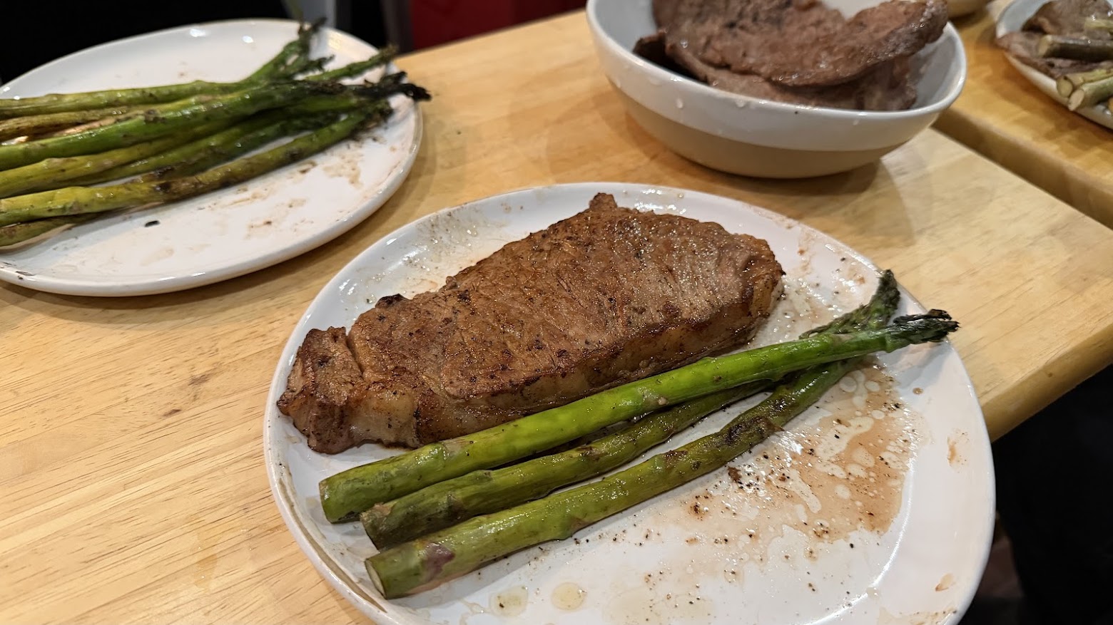 We made steak and asparagus in the cold, rainy weather