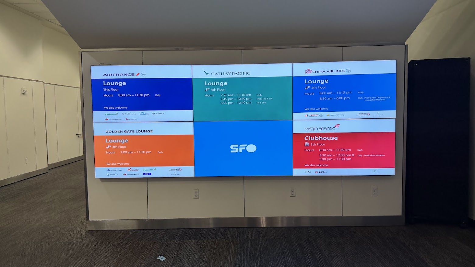 SFO International Terminal lounge locations on a display board