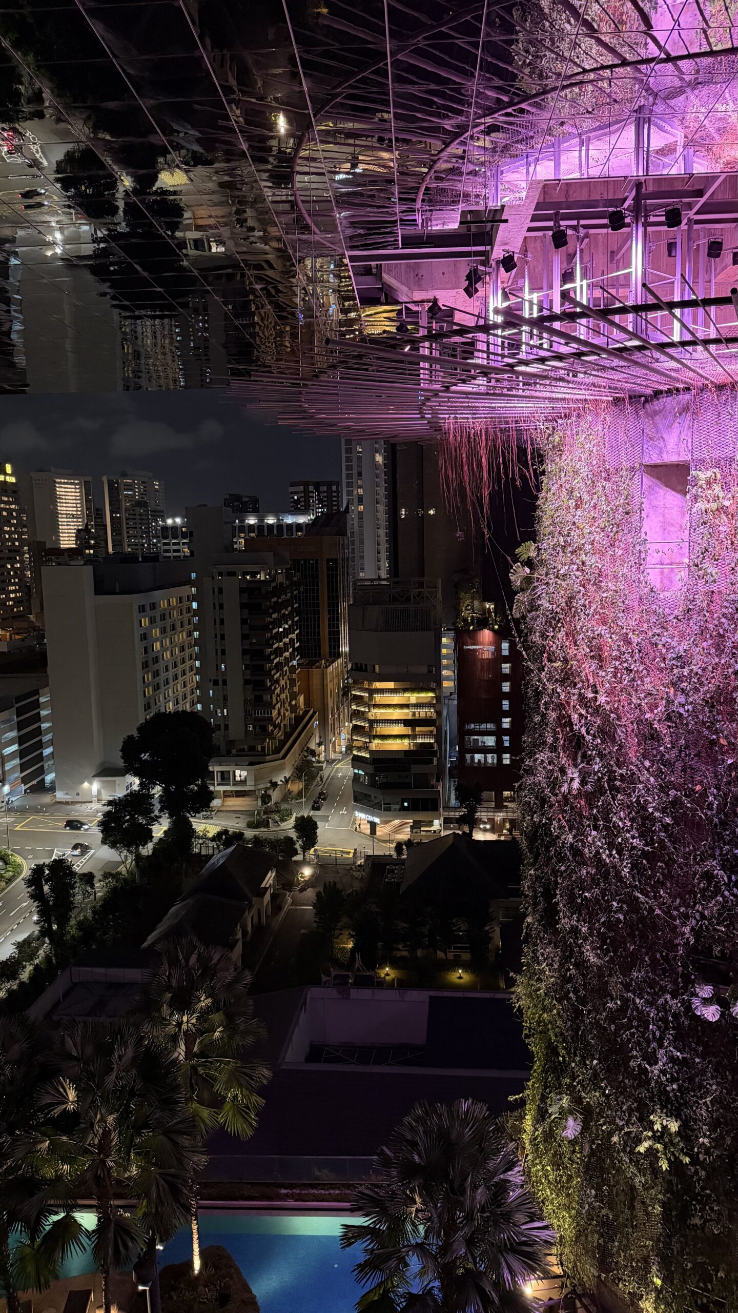 Views from our room at night, with purple lighting