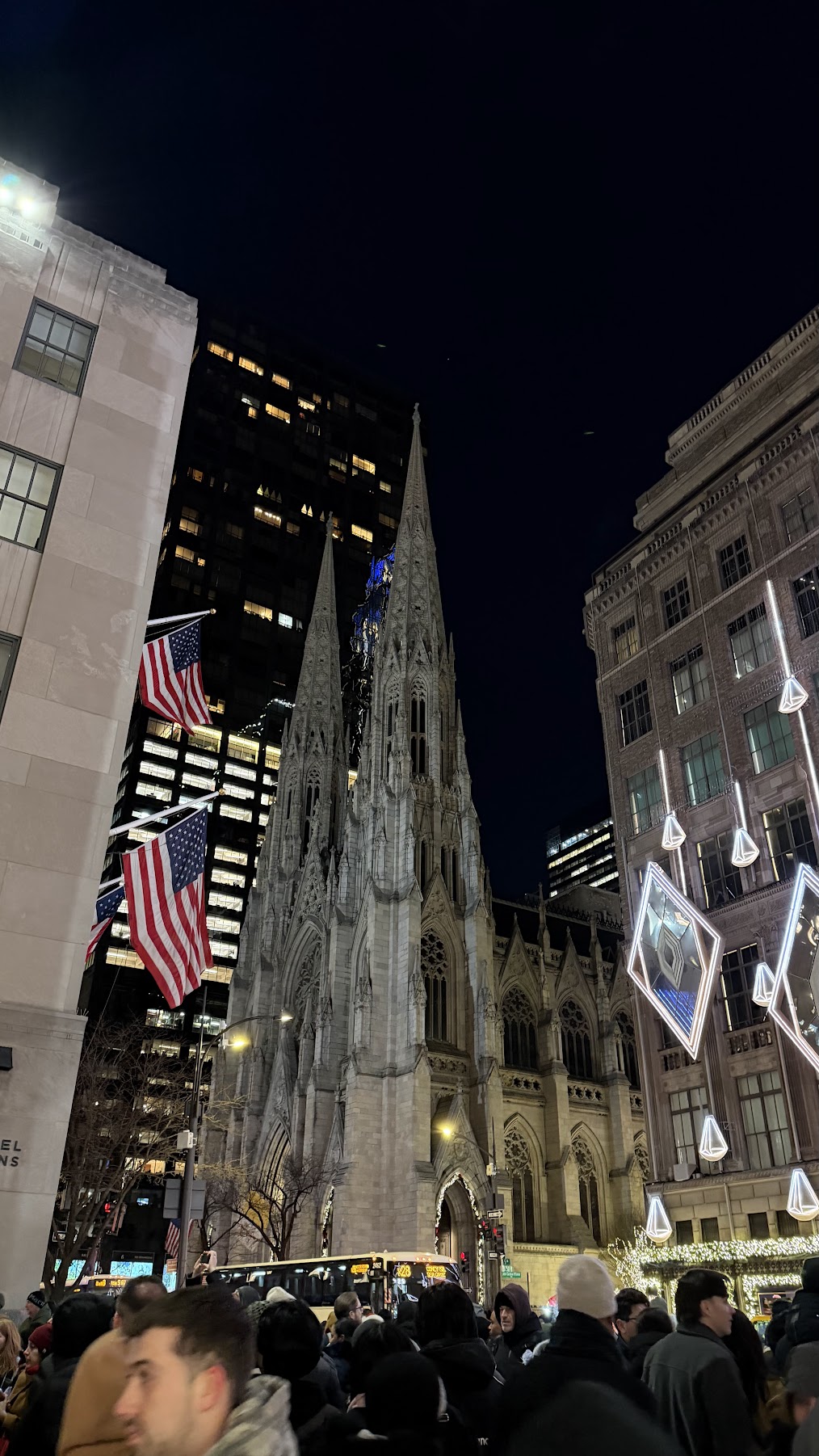 The St. Patrick's Cathedral along Fifth Avenue, with the Saks holiday display to the side
