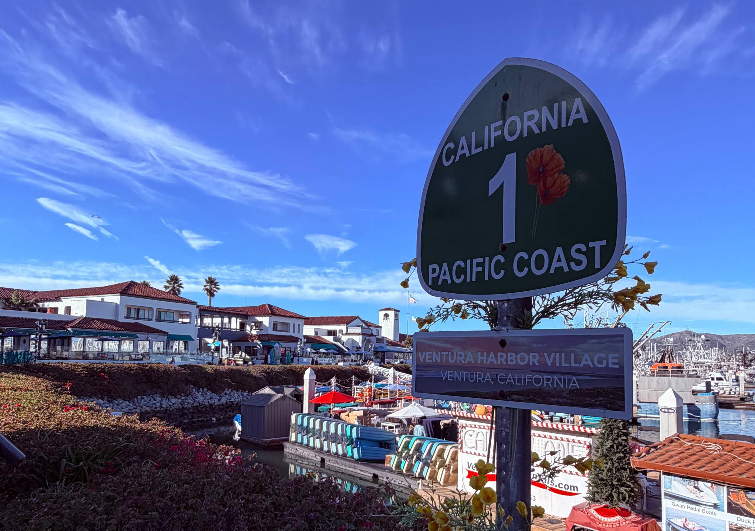 Ventura Harbor Village featuring the Pacific Coast Highway sign