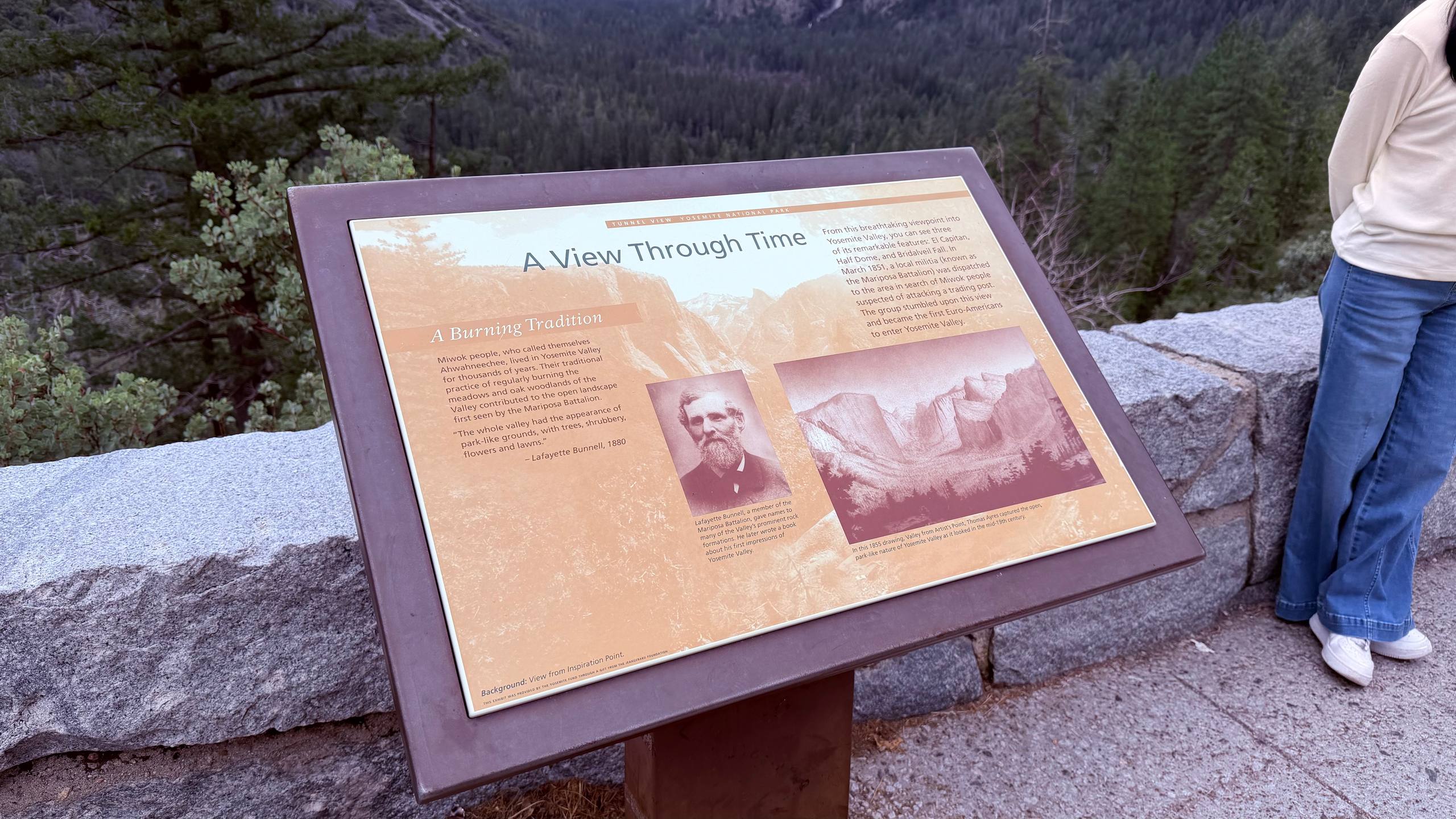 A sign at the Tunnel View overlook, giving historical context about the valley