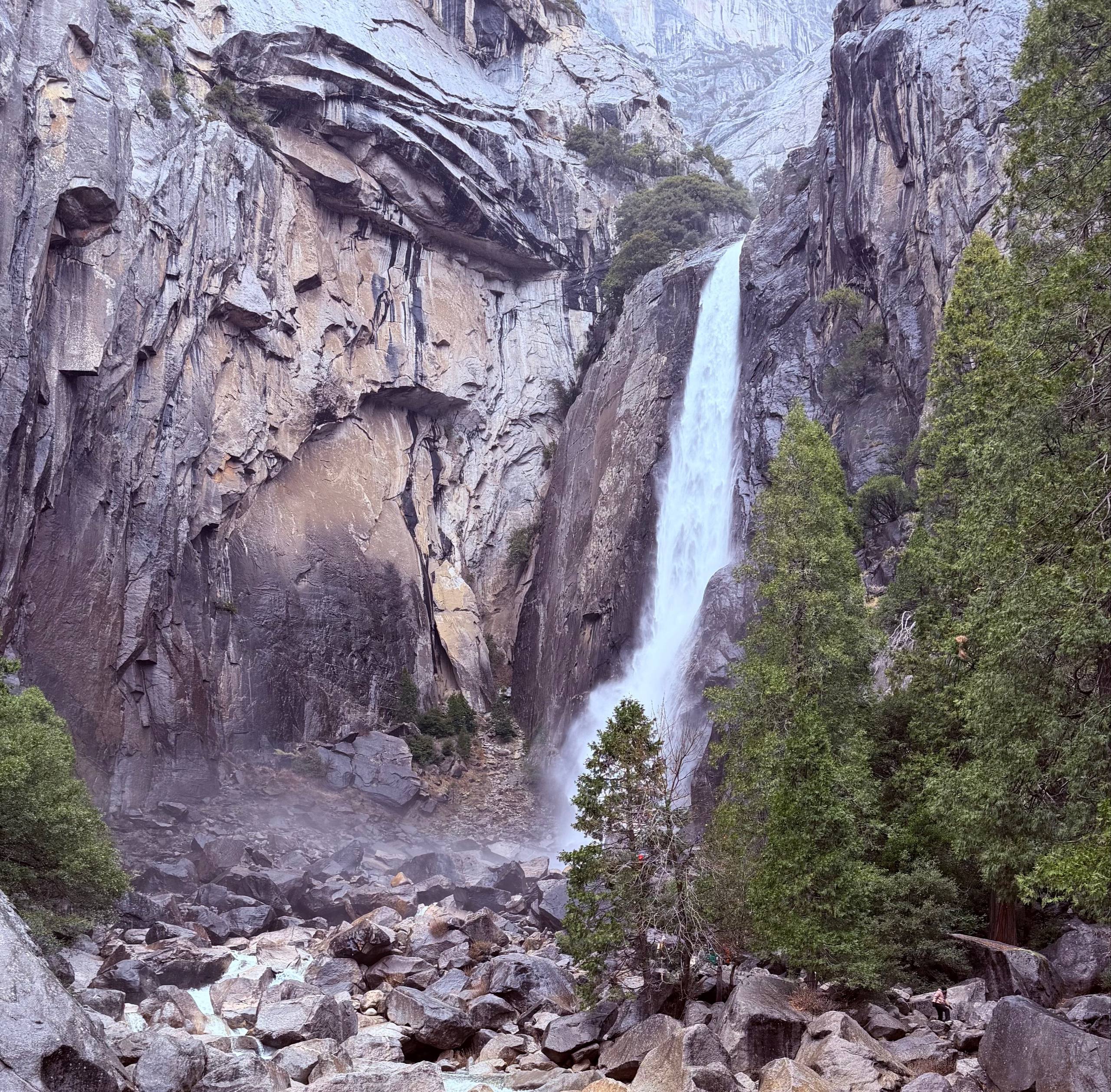 View of the Lower Yosemite Falls before the rain, on our first day