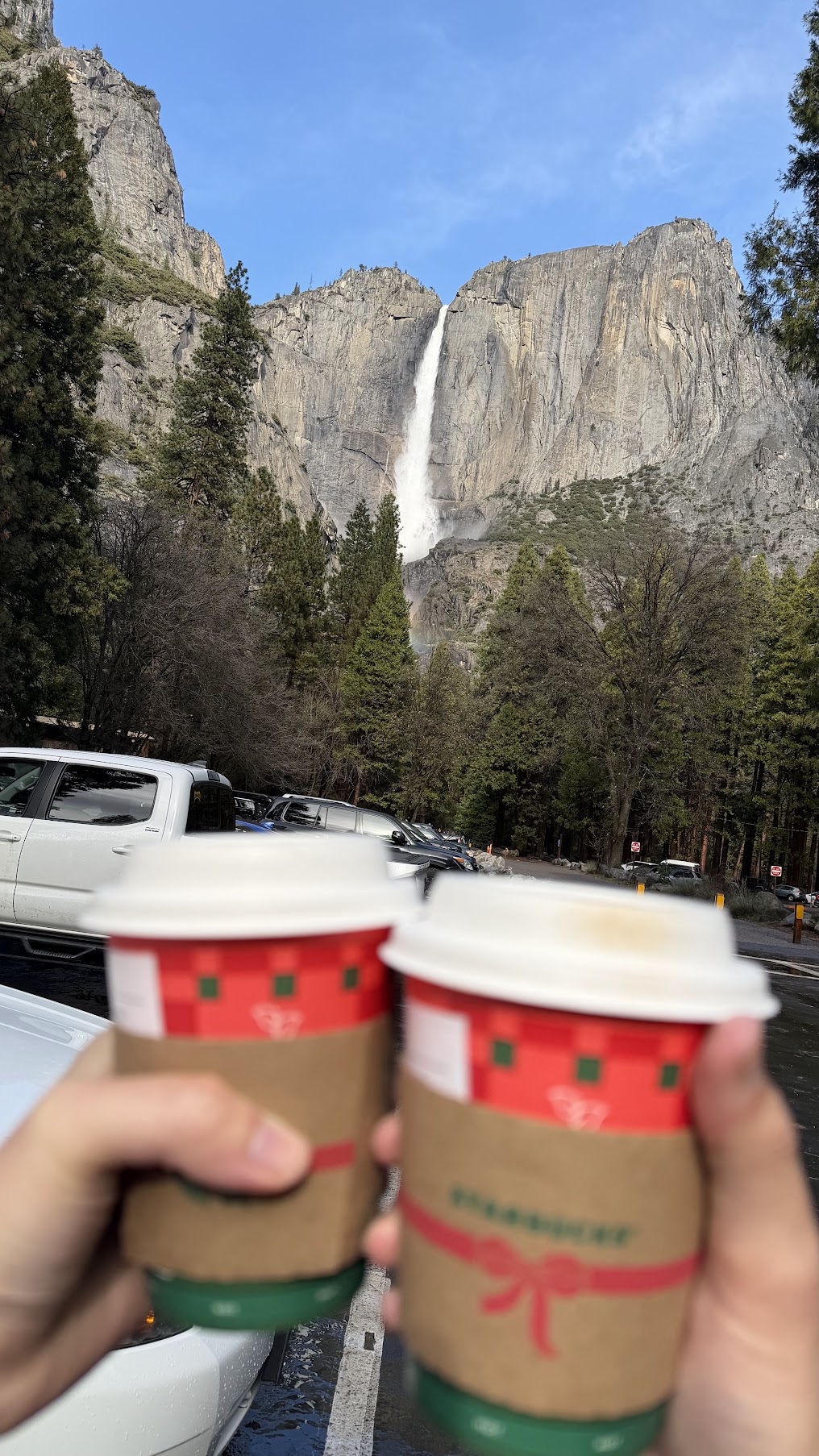 View of the Yosemite Falls with our Starbucks on our second day