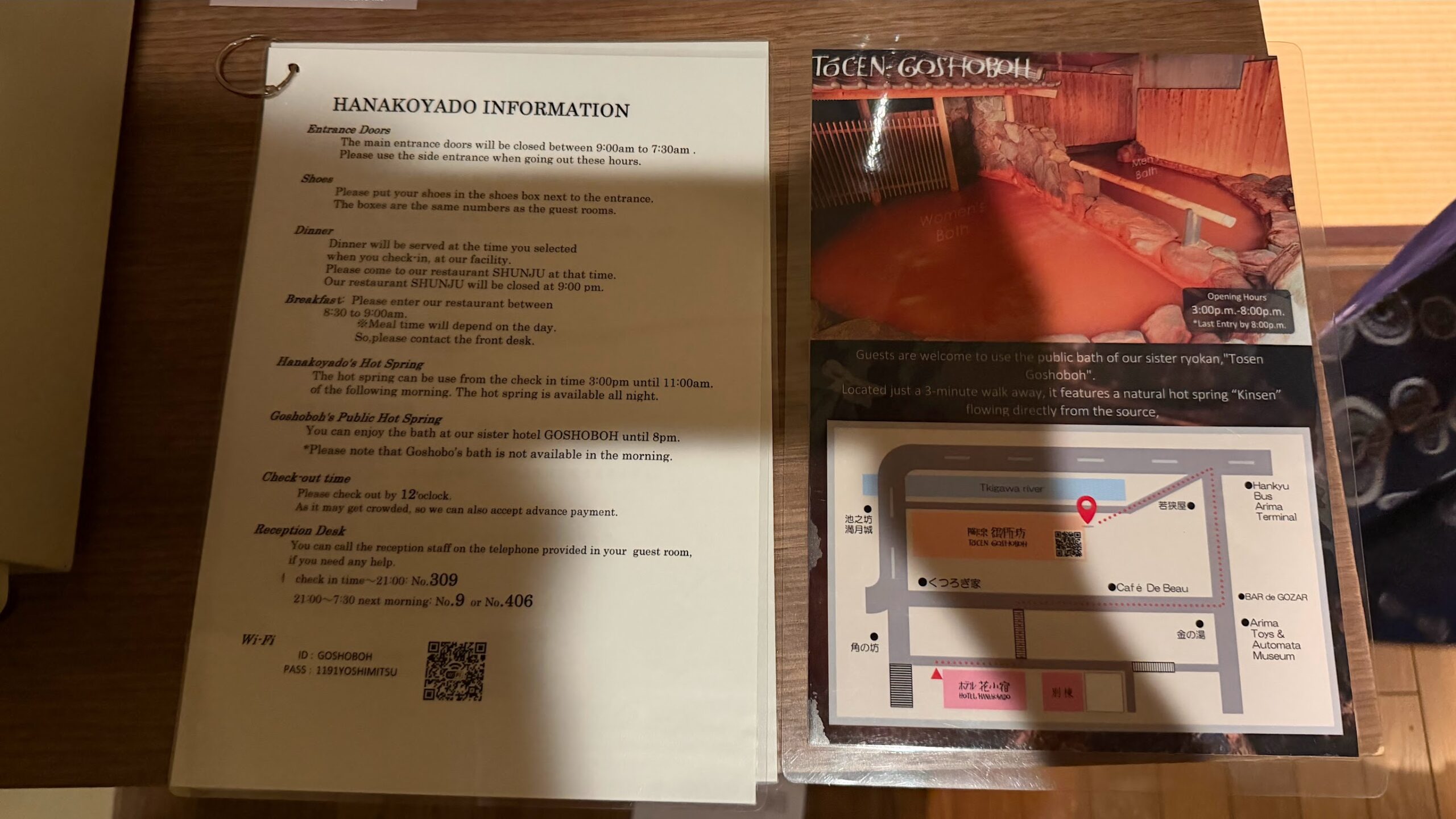 Welcome letter introducing the Tocen Goshoboh hot spring access