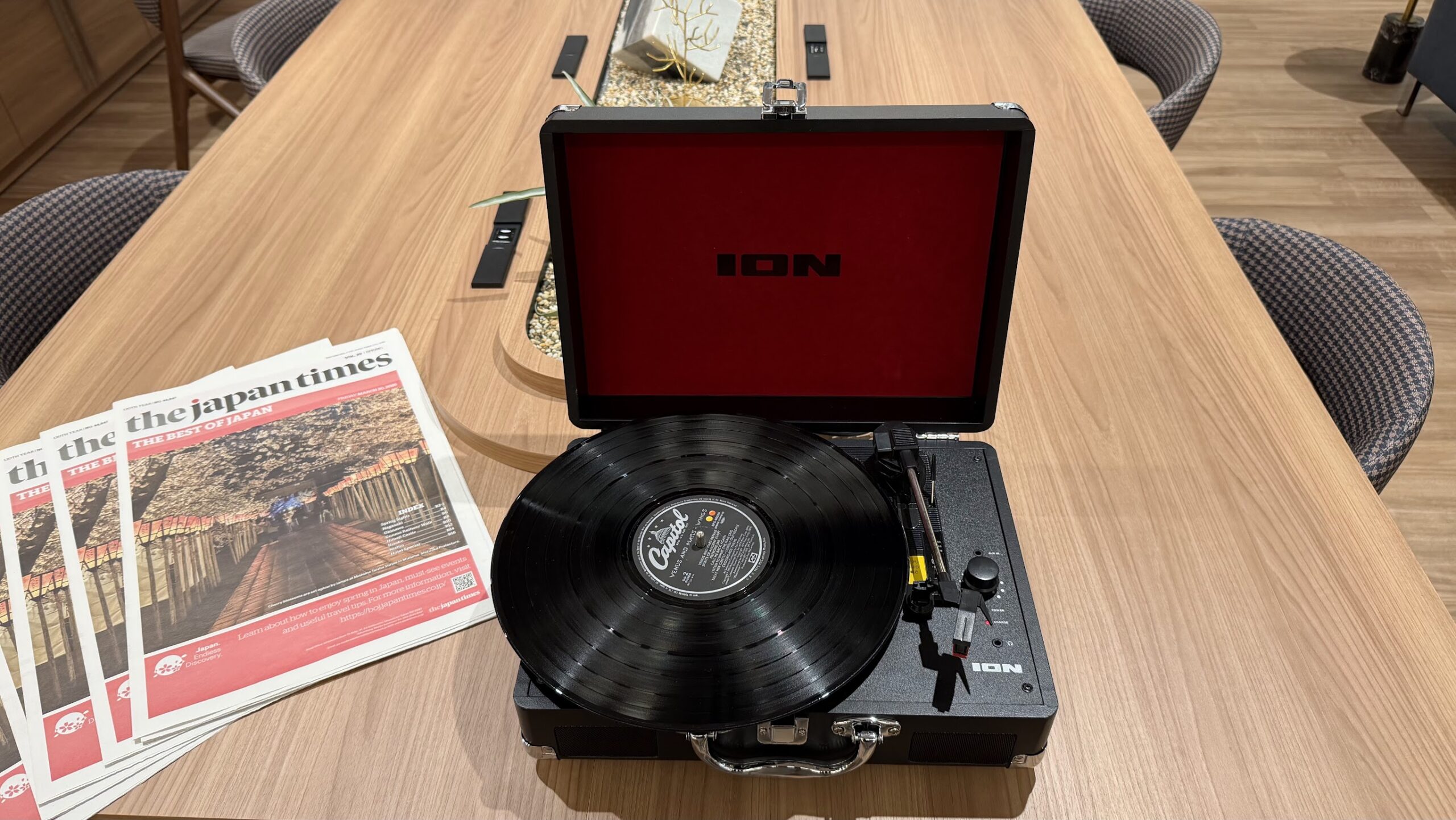 The Coral Finest Business Class Lounge Nagoya seating area with an ION vinyl turntable