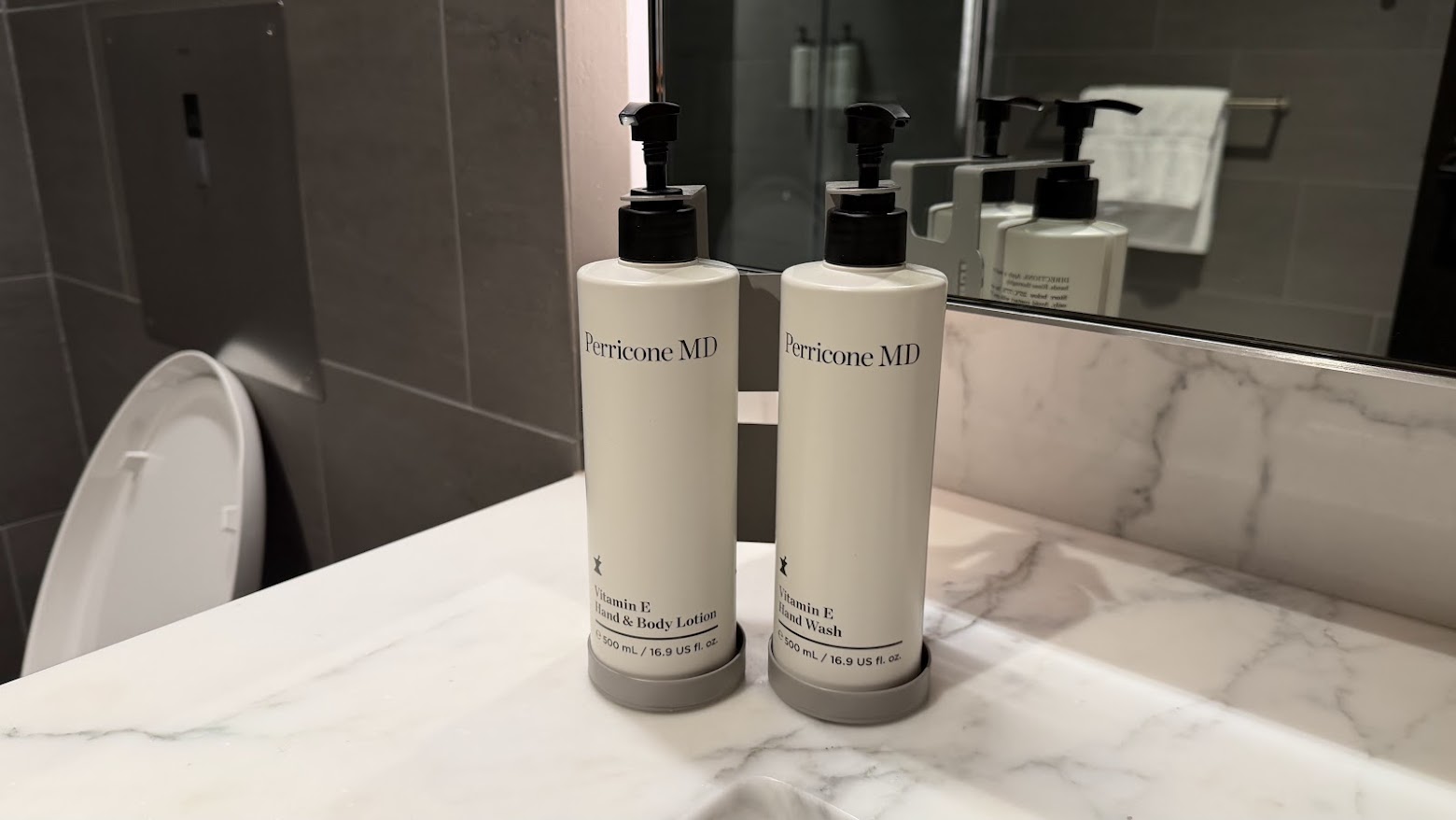 United Polaris Lounge San Francisco Perricone MD amenities at the vanity sink