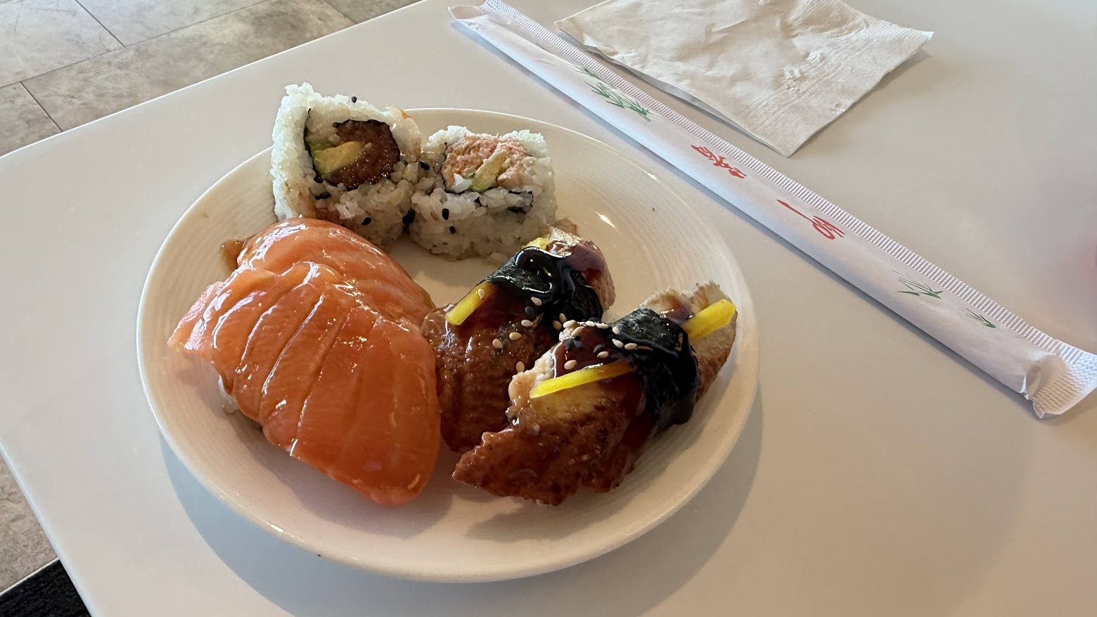 United Polaris Lounge San Francisco sushi selection from the trolley