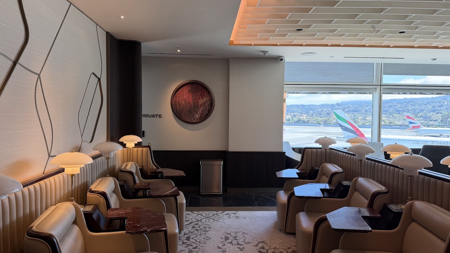 Air India Maharaja Lounge San Francisco Social Zone with some art installations made using upcycled aircraft components