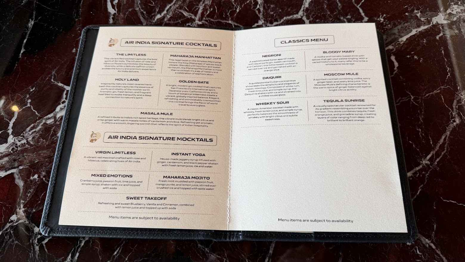 Air India Maharaja Lounge San Francisco bar menu
