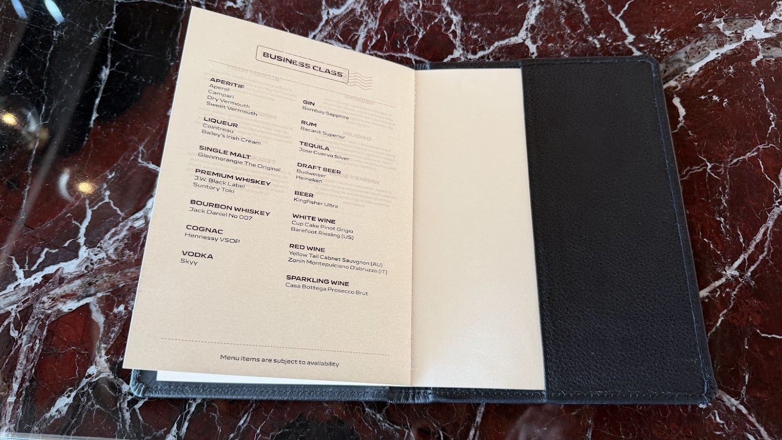 Air India Maharaja Lounge San Francisco bar menu