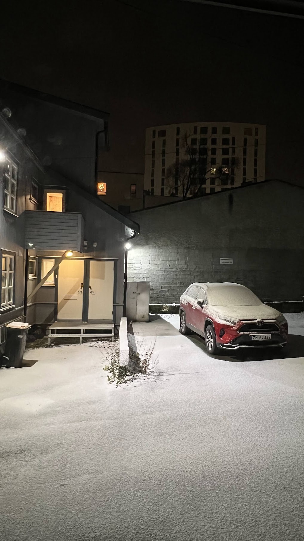 Backyard of our Airbnb in Tromso, covered in snow