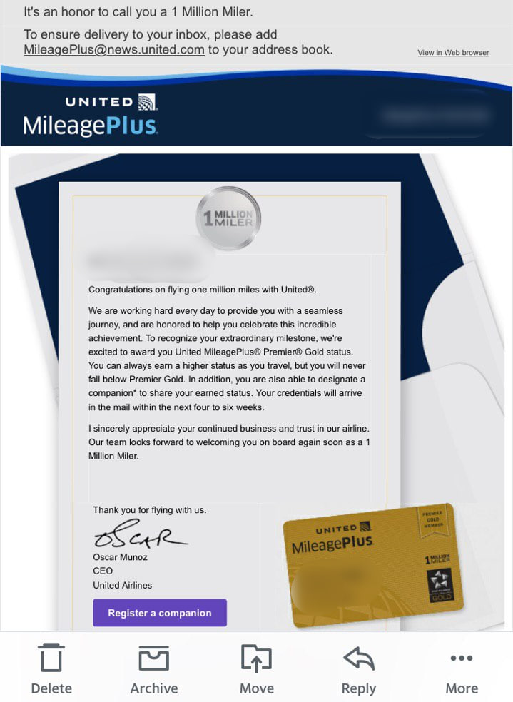 United Million Miler Program welcome email