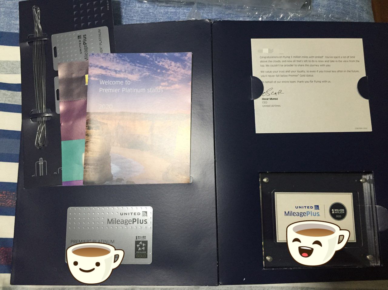 The United Million Miler Program welcome pack, including a plaque
