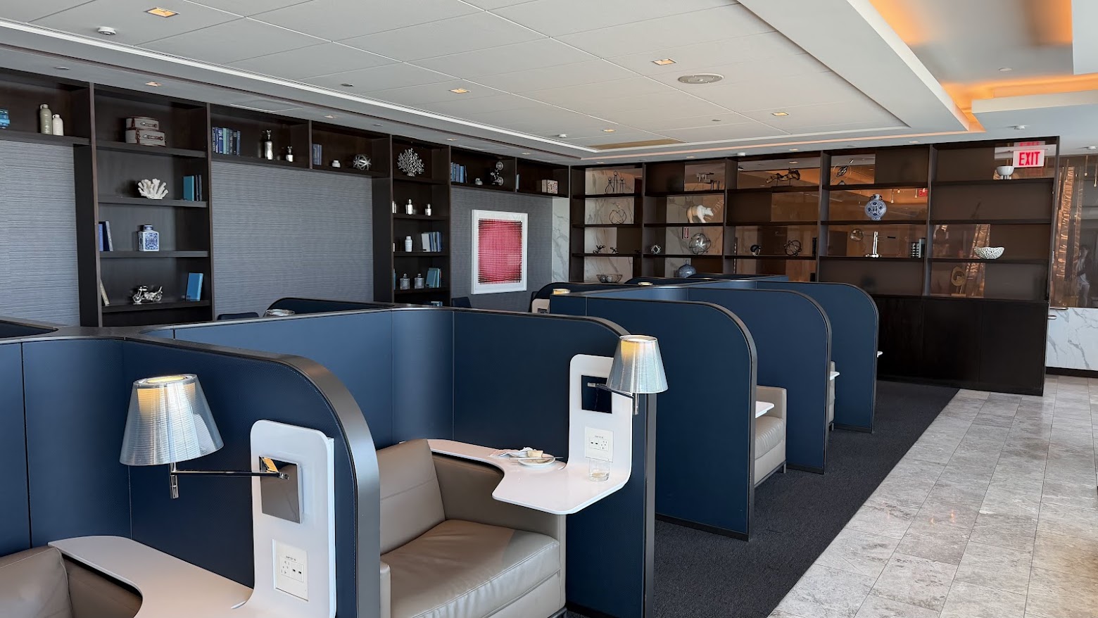 United Polaris Lounge San Francisco productivity pods with built-in reading lamps and power