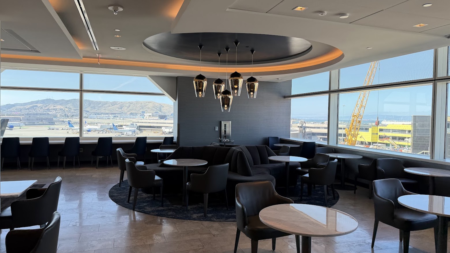 United Polaris Lounge San Francisco lounging area with tarmac views