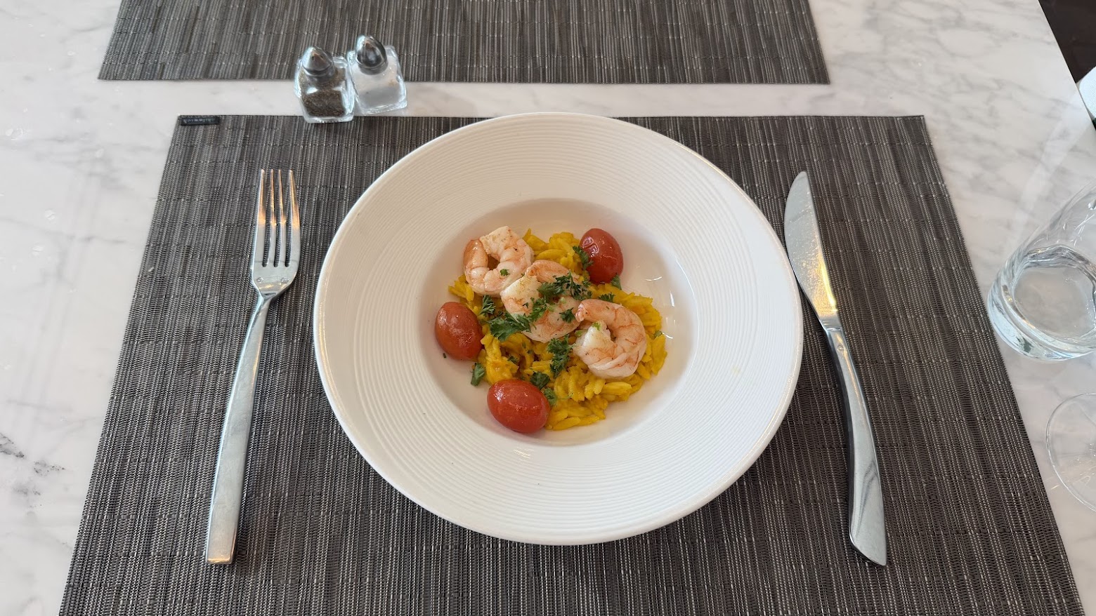 United Polaris Lounge San Francisco The Dining Room's shrimp saffron orzo