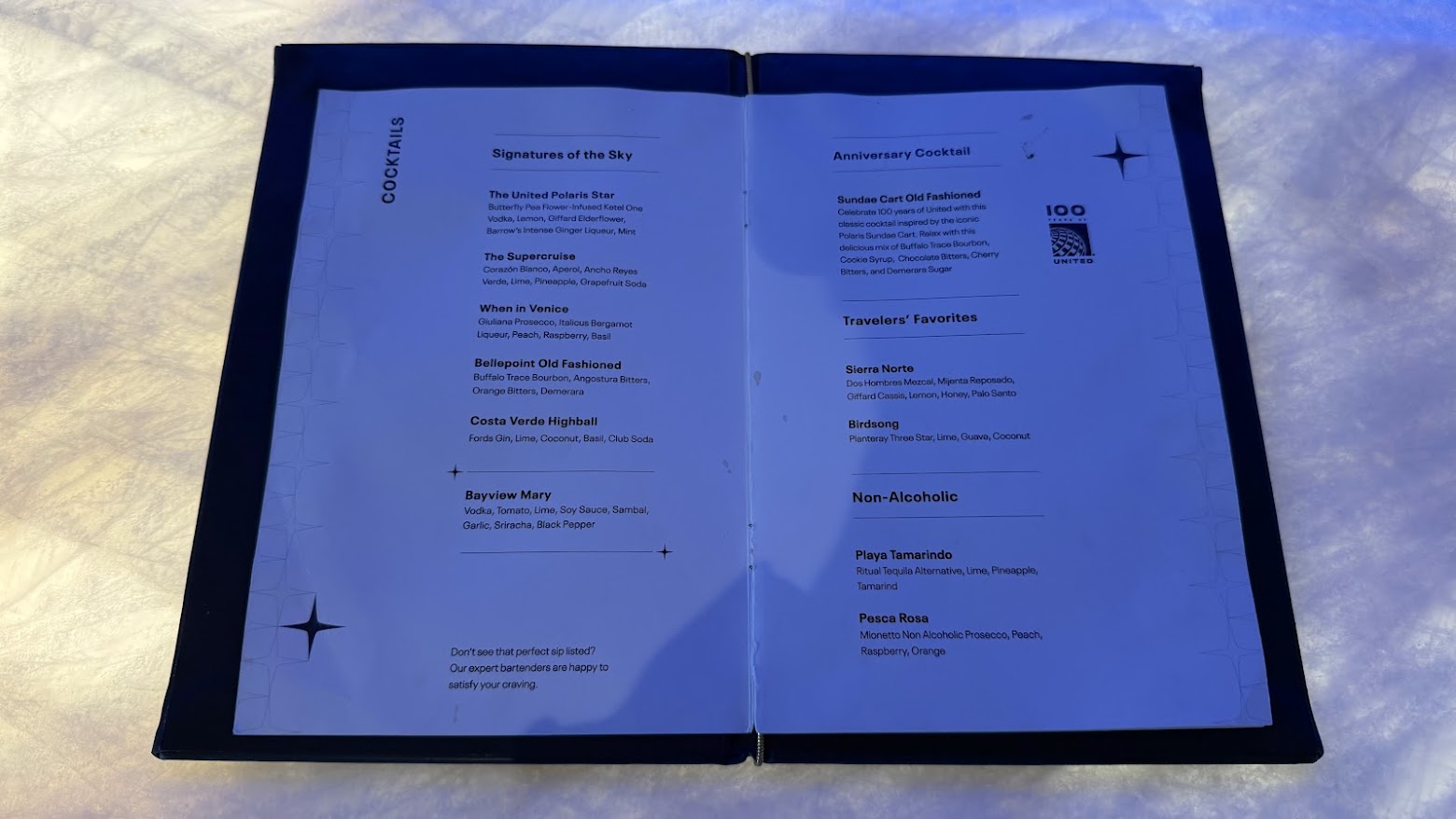 United Polaris Lounge San Francisco cocktail menu