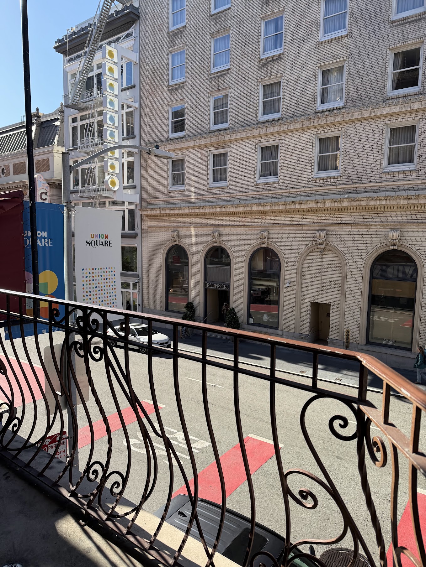 View towards The Clift from the suite balcony of Warwick Hotel San Francisco