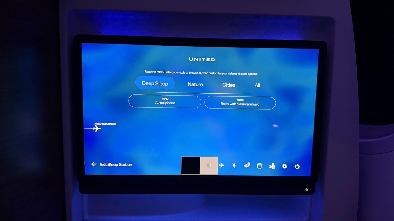 United Airlines UA1 Polaris business class in-flight entertainment with a Sleep Station feature