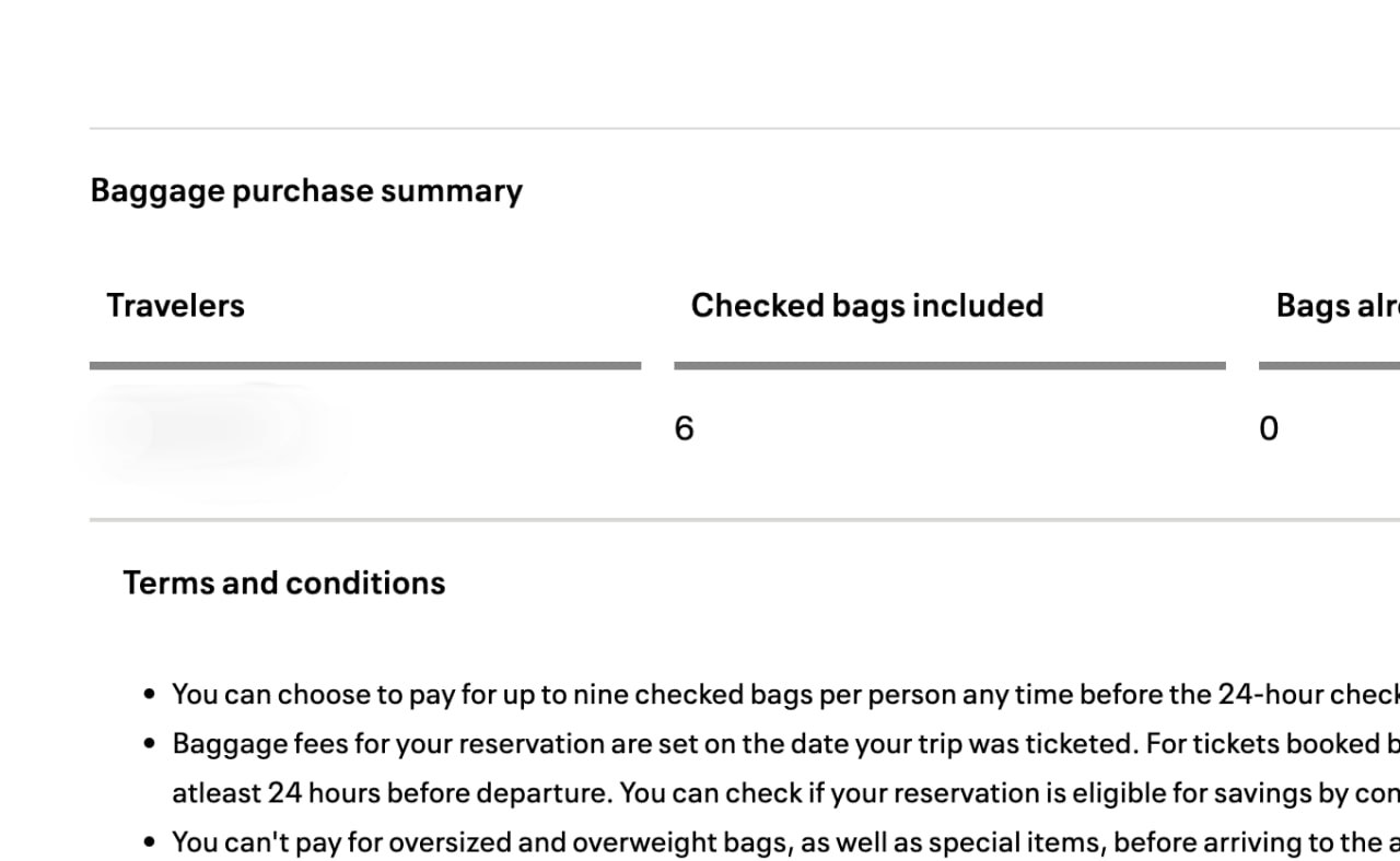 United Airlines baggage allowance summary showing six checked bags included