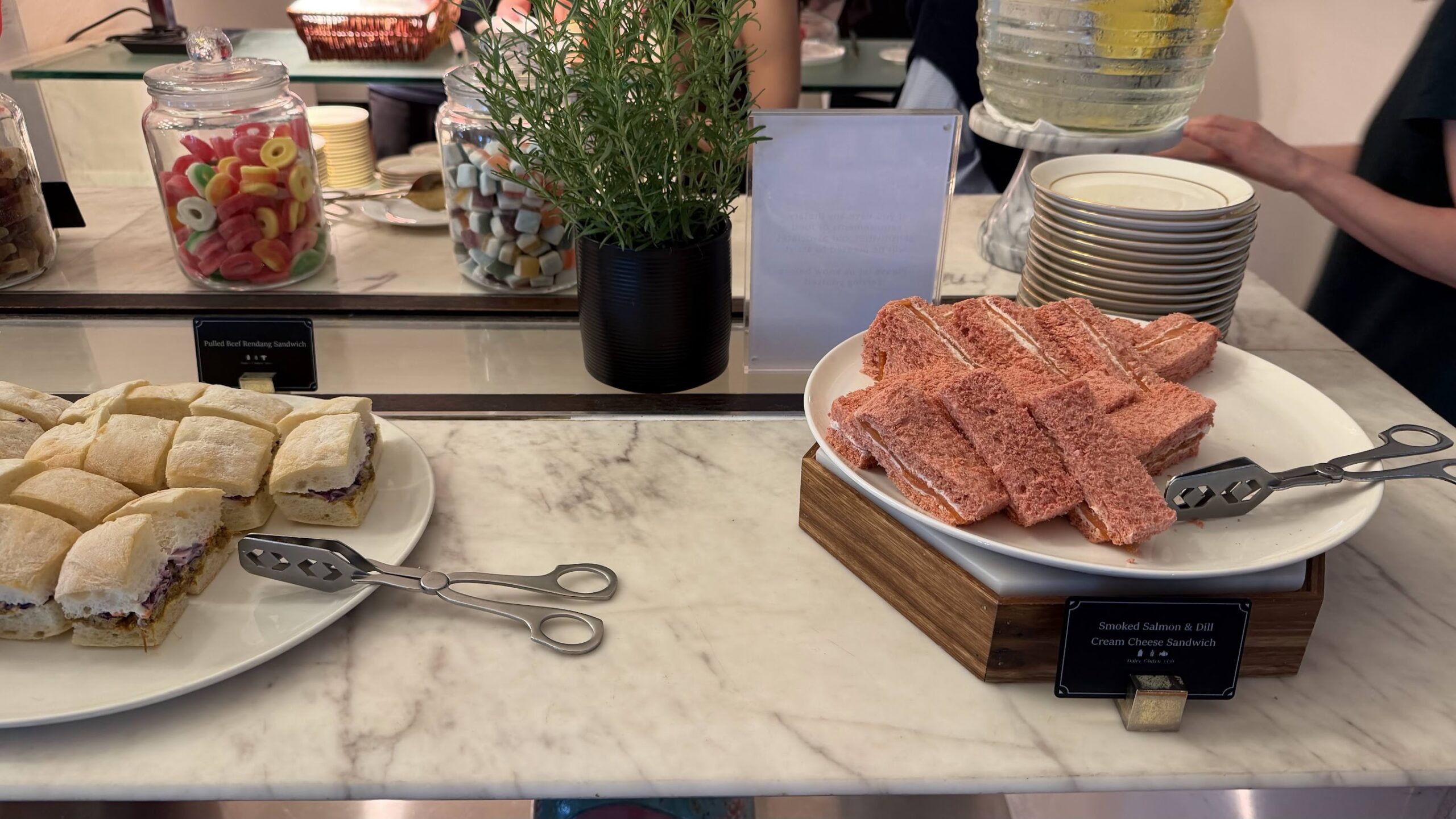 Frasers House Executive Lounge smoked salmon and pulled beef sandwiches