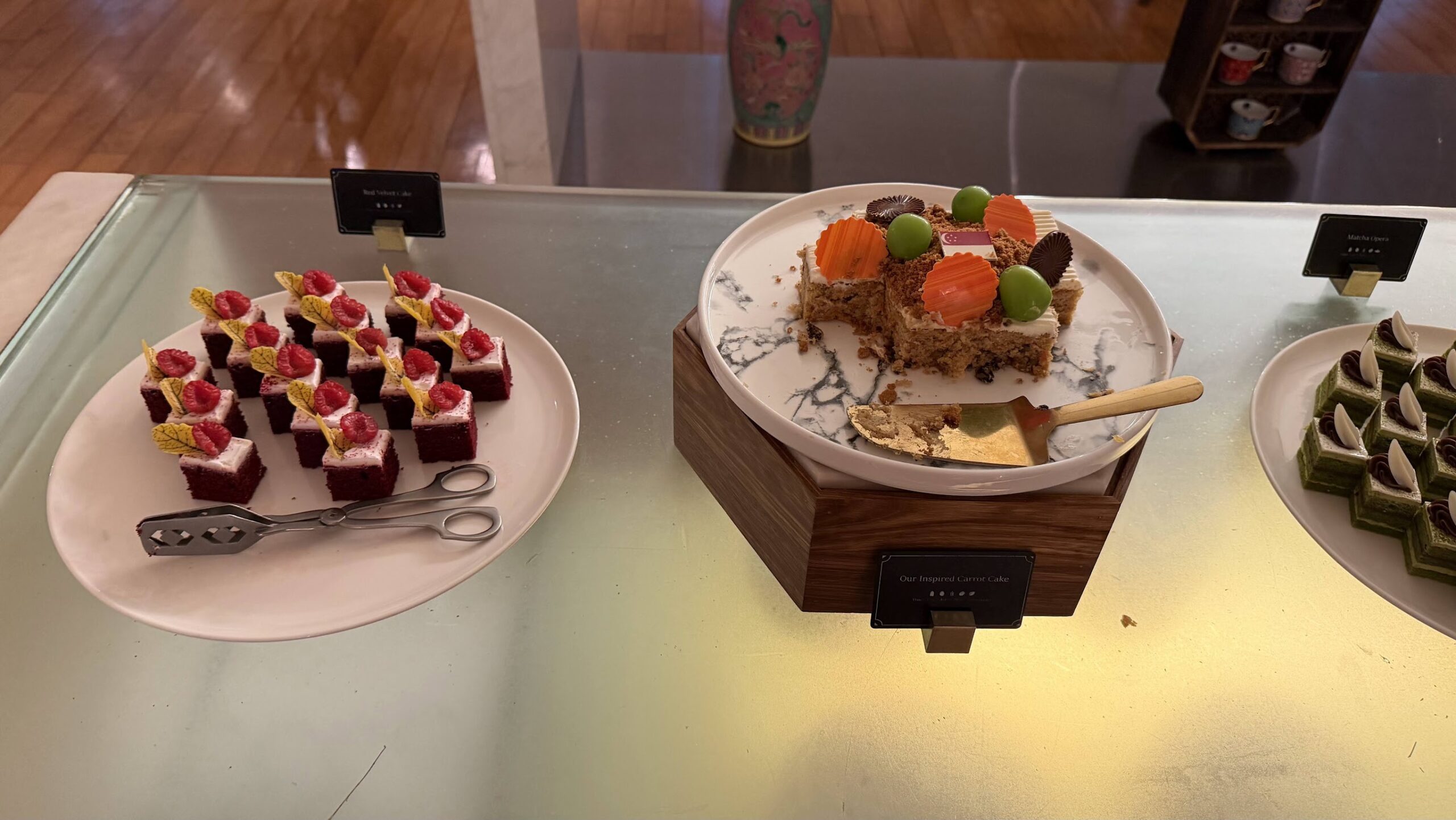 Frasers House Executive Lounge red velvet, carrot and matcha cakes