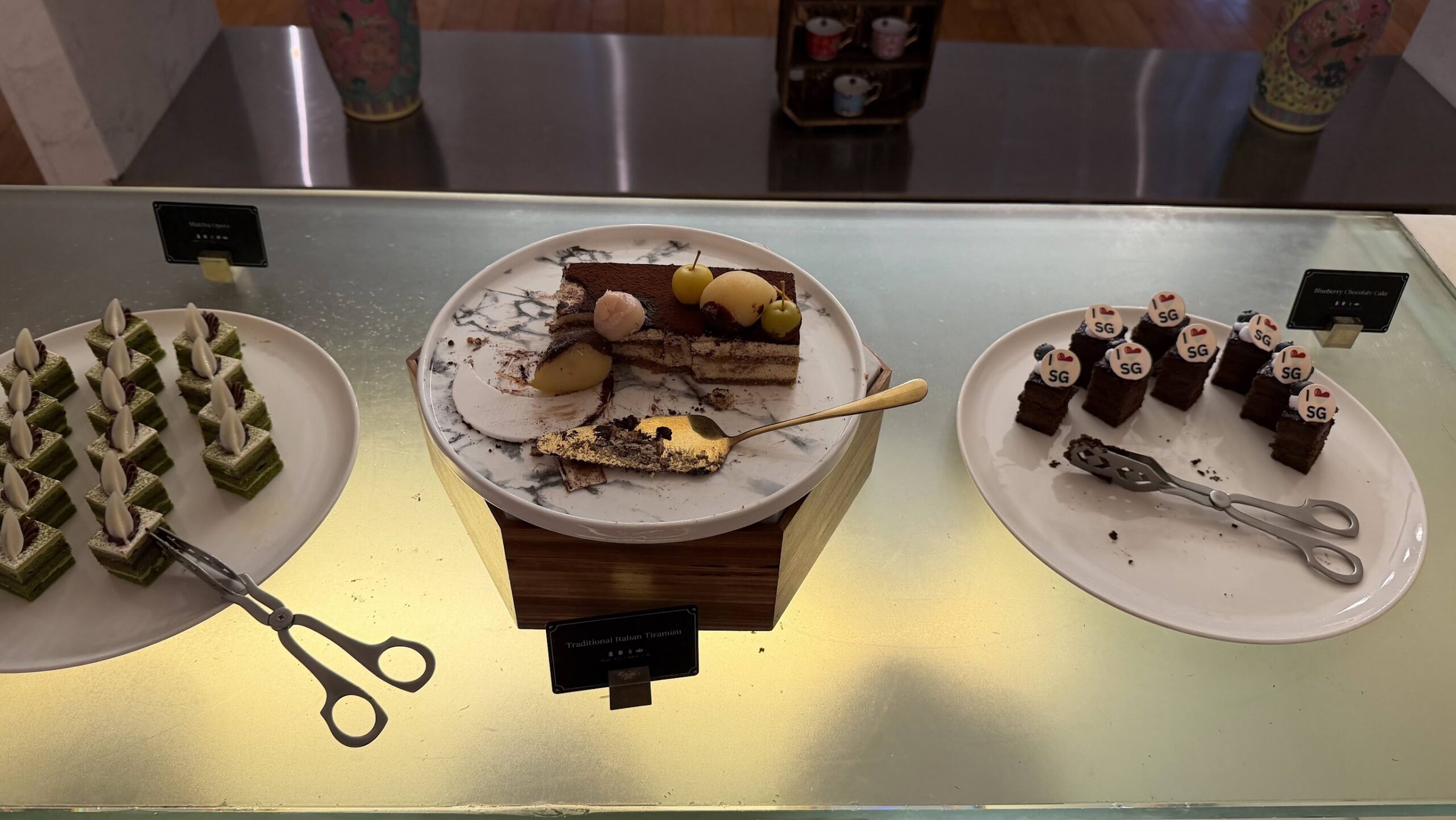 Frasers House Executive Lounge matcha cake, tiramisu and blueberry chocolate cake