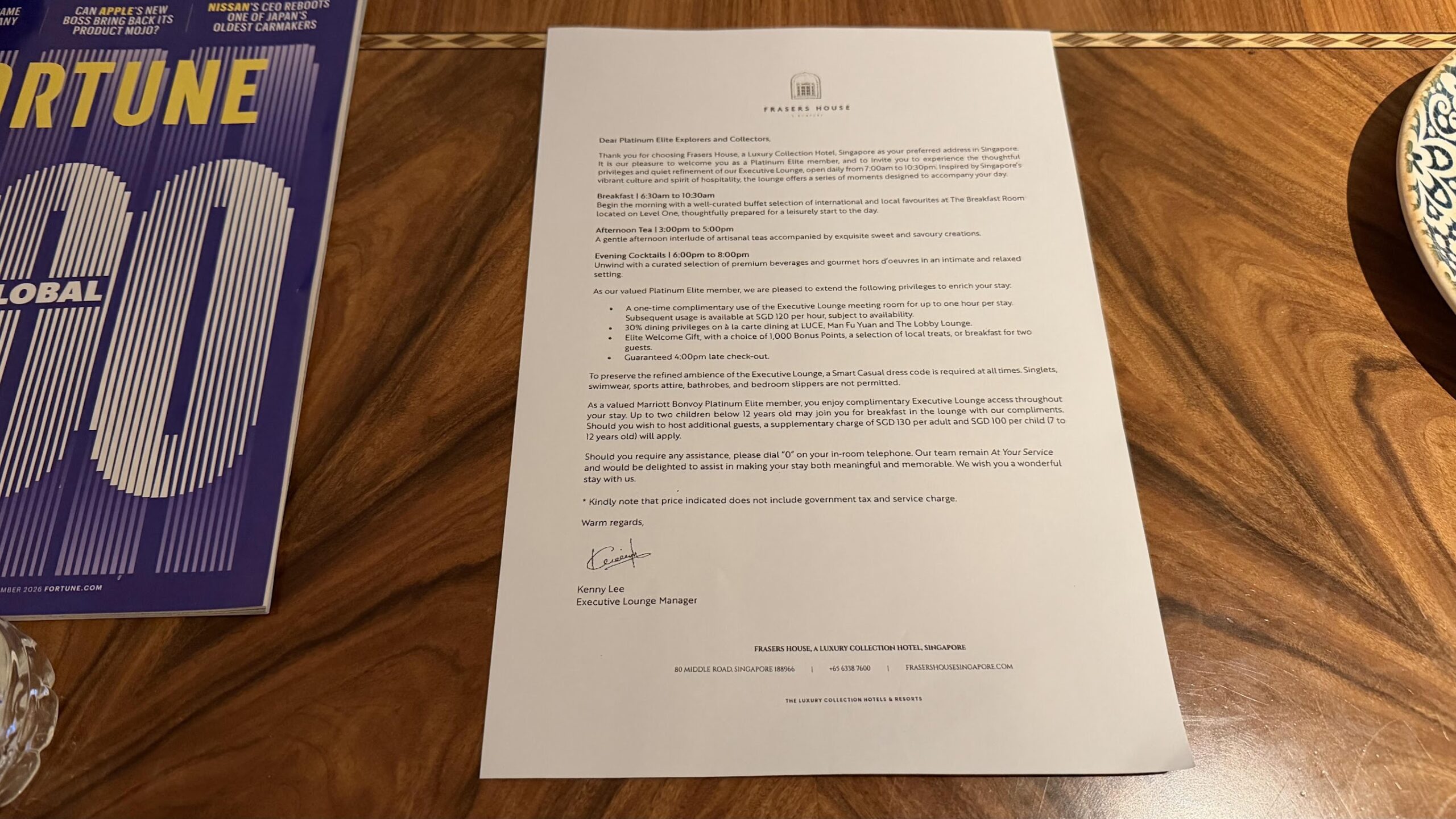 Frasers House Executive Lounge welcome letter and service hours