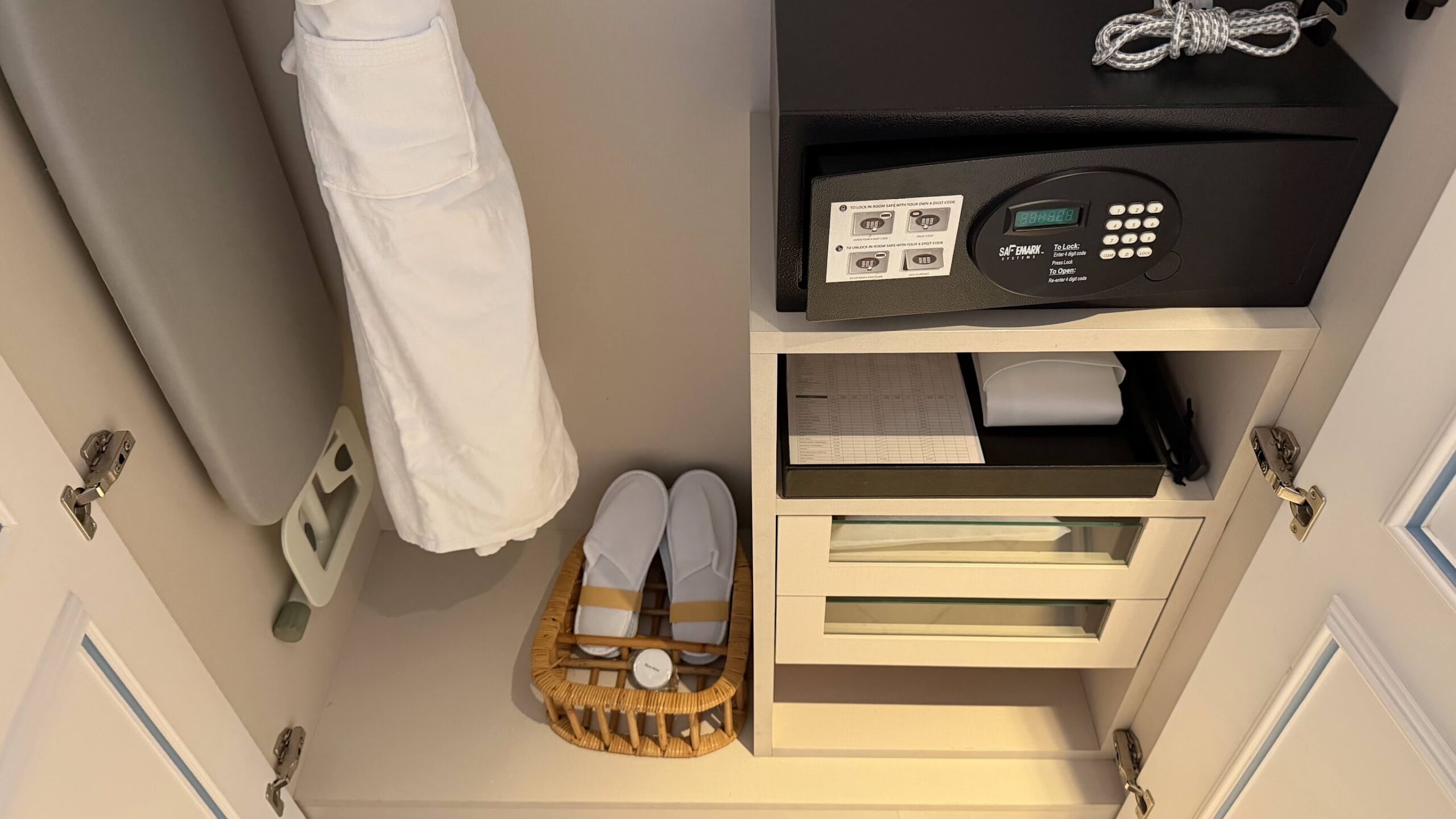 Frasers House Junior Suite wardrobe with safe, robe and slippers